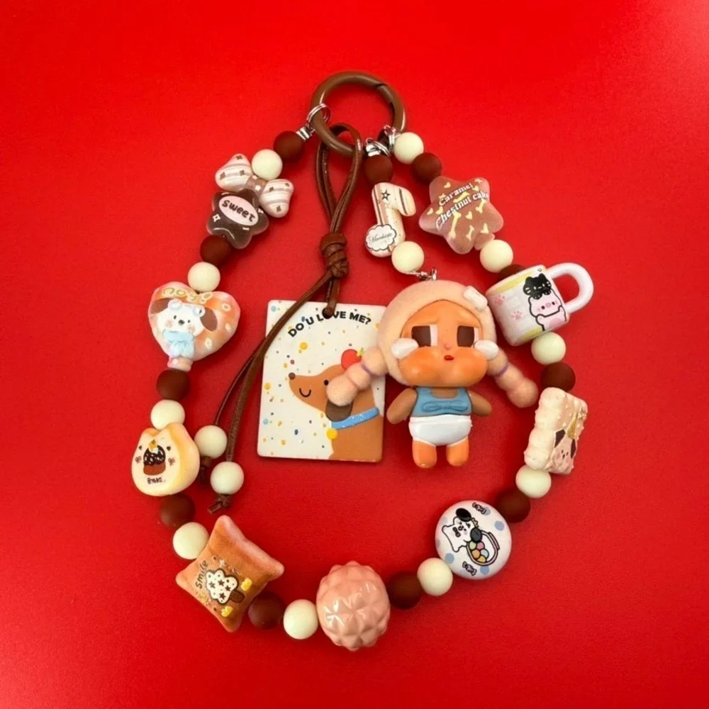 Handmade 3 Layer Crying Baby Girl Theme Phone Keychain Wristlet Bag Charm Brown